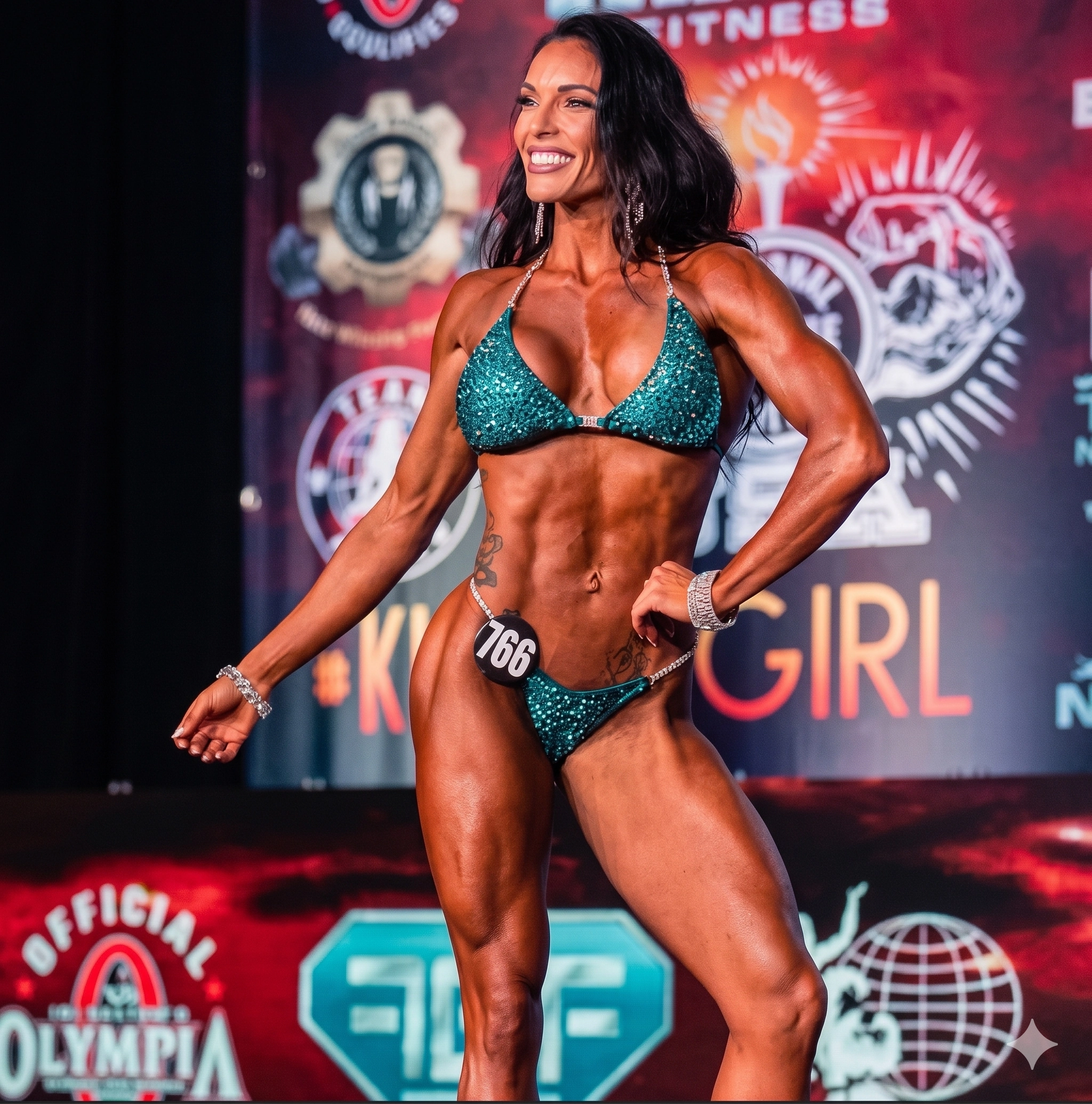Bikini competitor posing on a stage