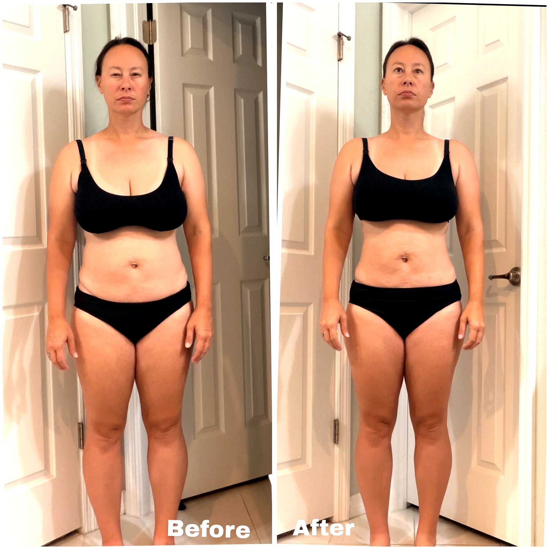 Full-body client transformation shown before and after